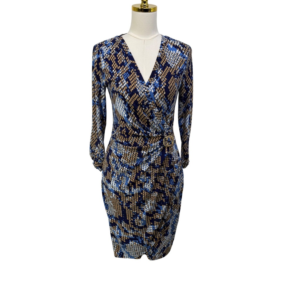 Y2K Cache Womens Blue Snakeskin Print Faux Wrap Sheath Dress M Gold Buckle